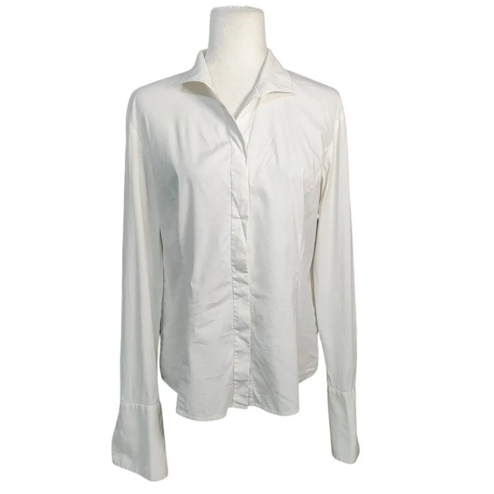 Lafayette 148 New York White Stretch Cotton Button Down Shirt French Cuffs 10 - Picture 1 of 11
